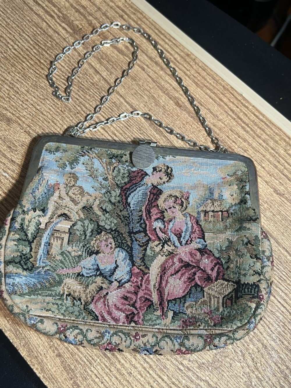 1950 Victorian Inspired Tapestry Purse Handbag Hong Kong Courting Couple EUC